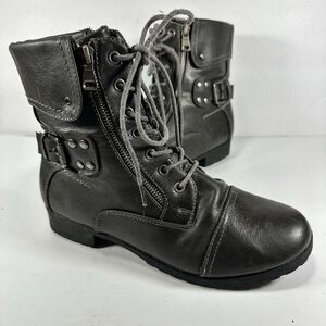 Global Win Women’s Combat Boots Gray Lace Up Side Zip Buckle Detail Size 8.5